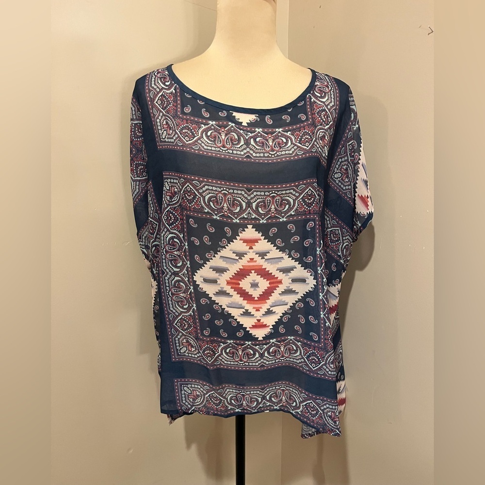 Tasha Polizzi Navy and Red Patterned Women's Top